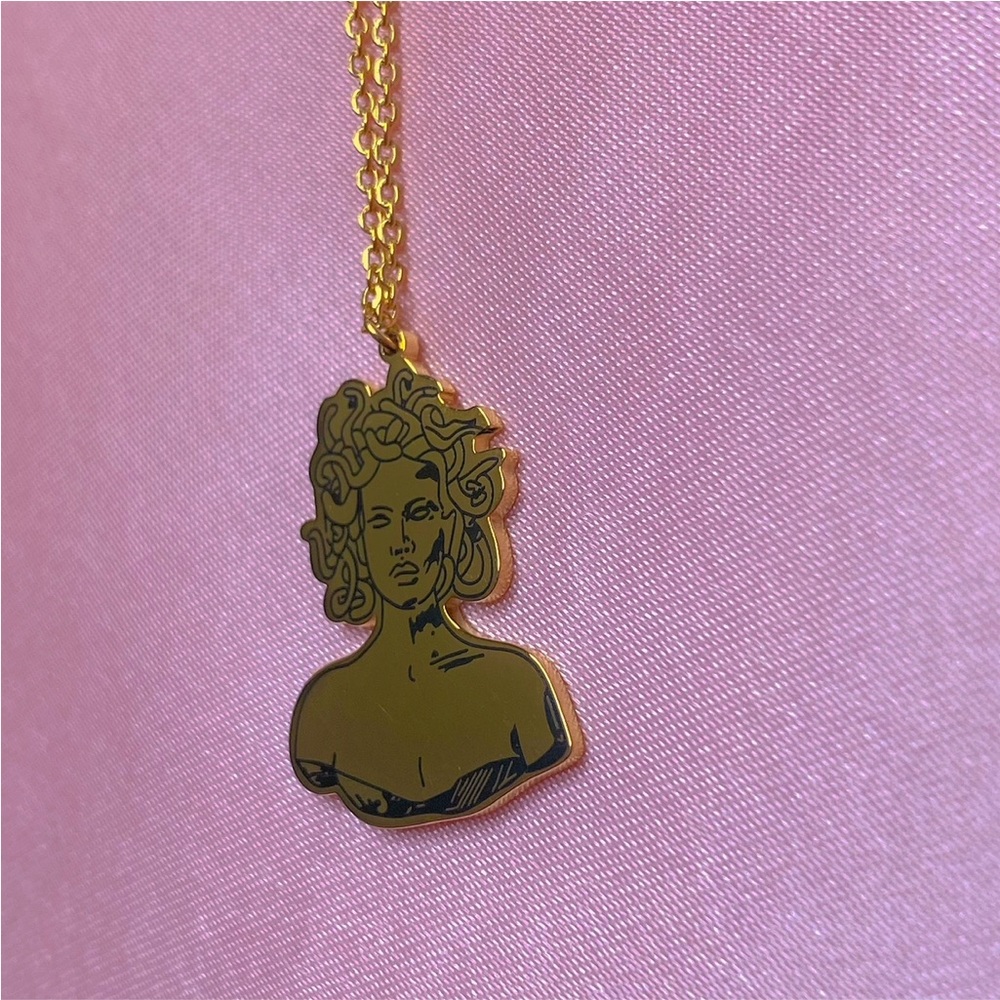 Engraved Etched Gold Medusa Necklace